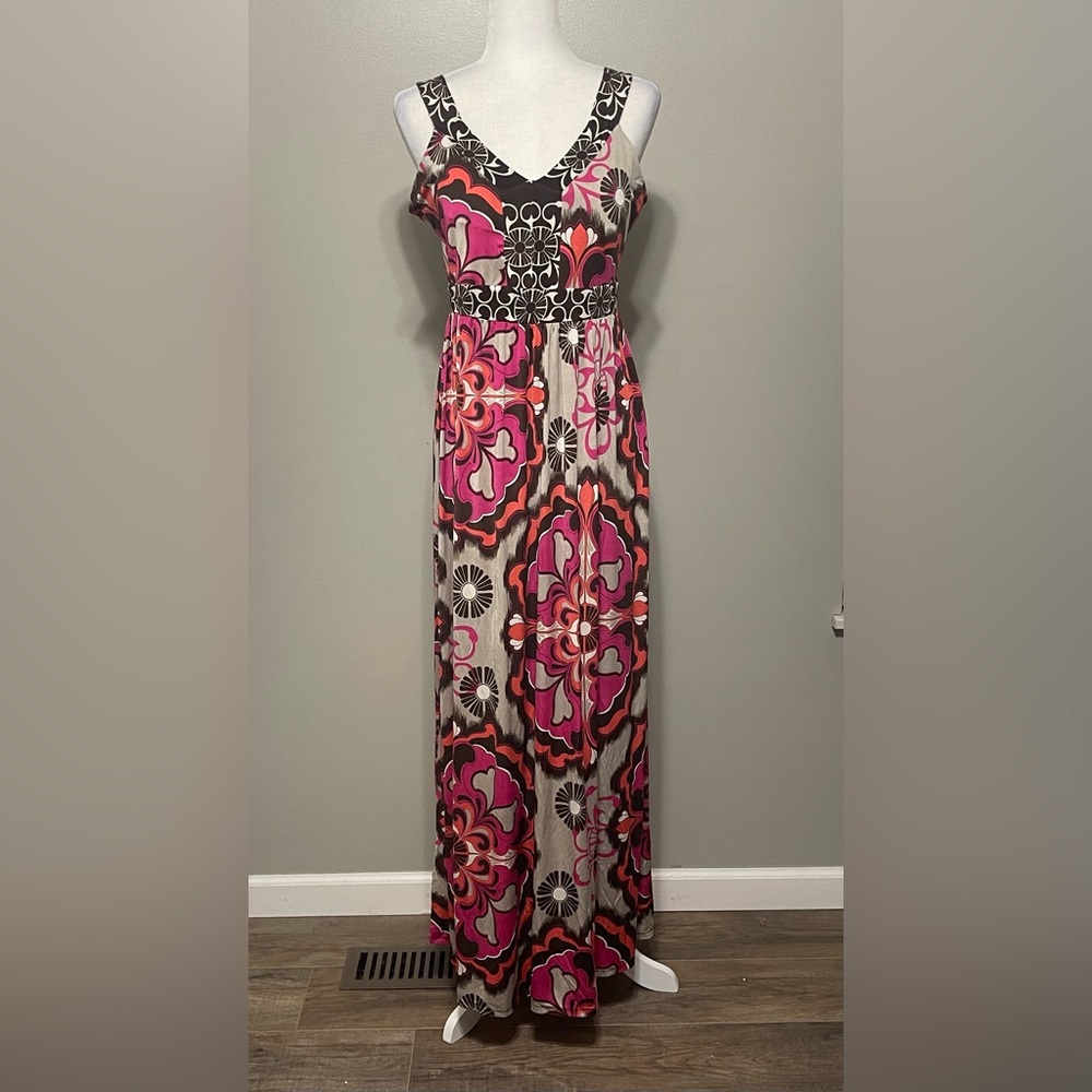 Y2K Maxi Dress Medium Sleeveless Floral Geometric V Neck Boho Empire Festival 90